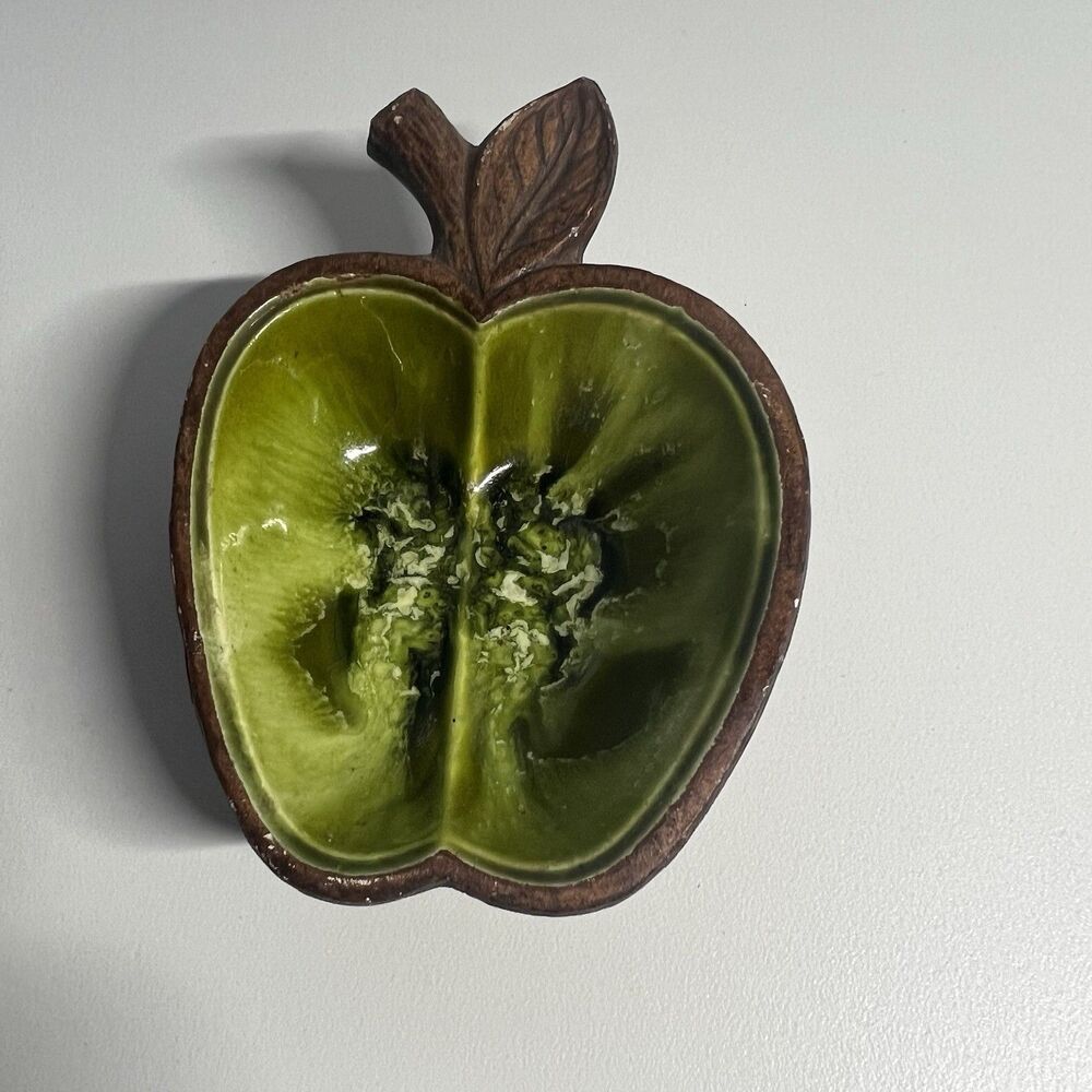 Vintage 1962 Treasure Craft Apple Trinket Dish Ashtray Green Drip Glaze MCM